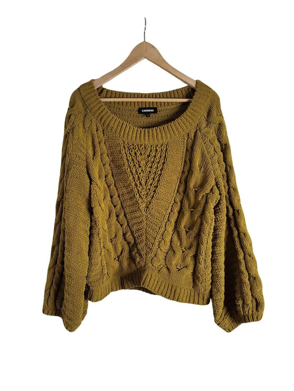 Express Mustard Balloon Sleeve Cable Knit Sweater Relaxed Boho Drape Size M